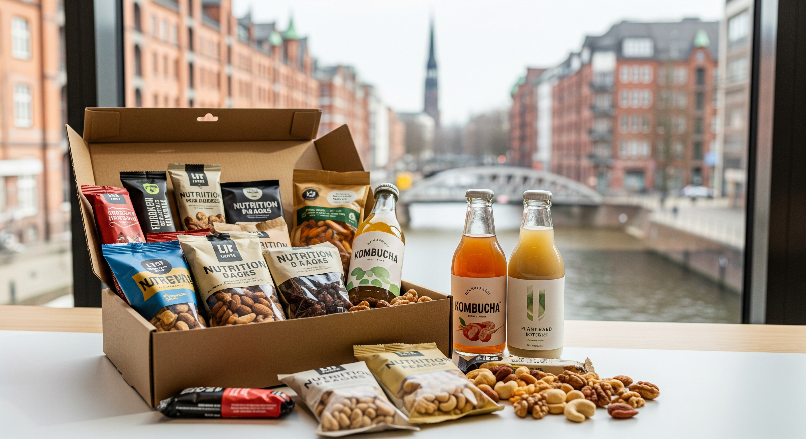 Vegane Snackbox auf einem Schreibtisch in Hamburg mit verschiedenen Riegeln, Nüssen und Getränken