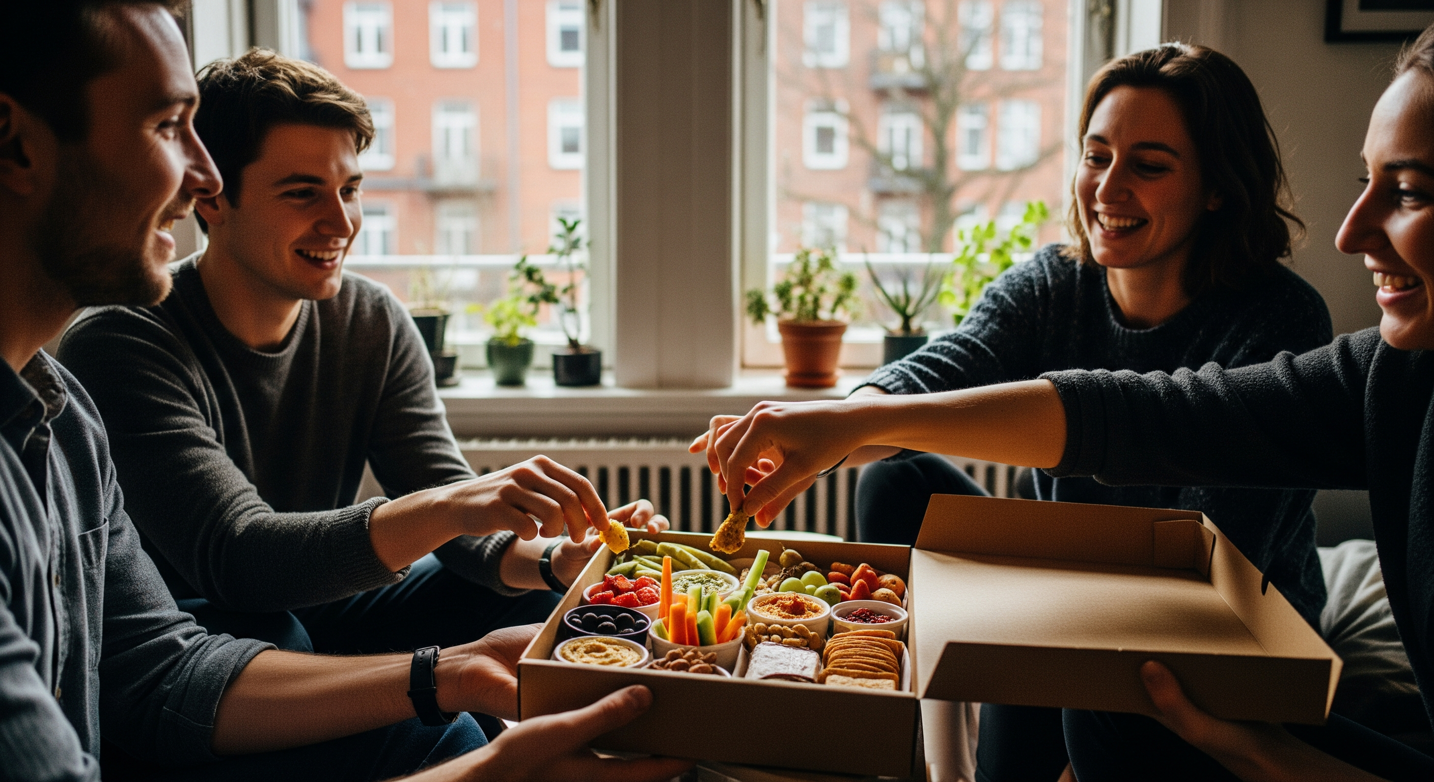 Freunde öffnen gemeinsam eine vegane Snackbox in einem Hamburger Wohnzimmer
