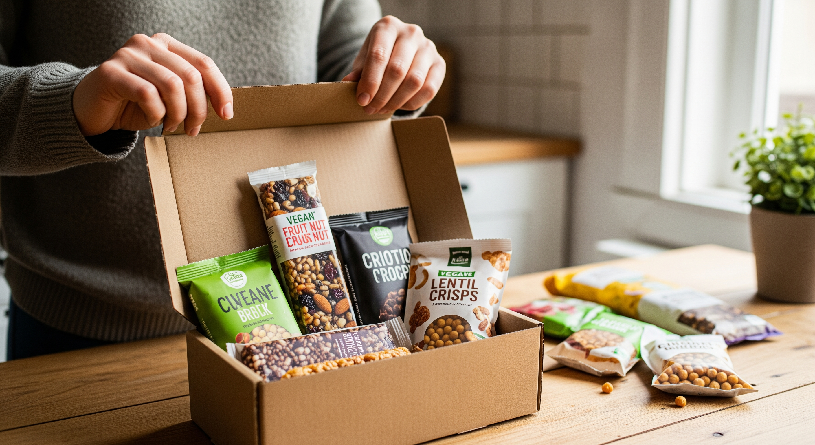 Person öffnet zuhause eine vegane Snackbox auf dem Küchentisch mit verschiedenen Riegeln und Snacks