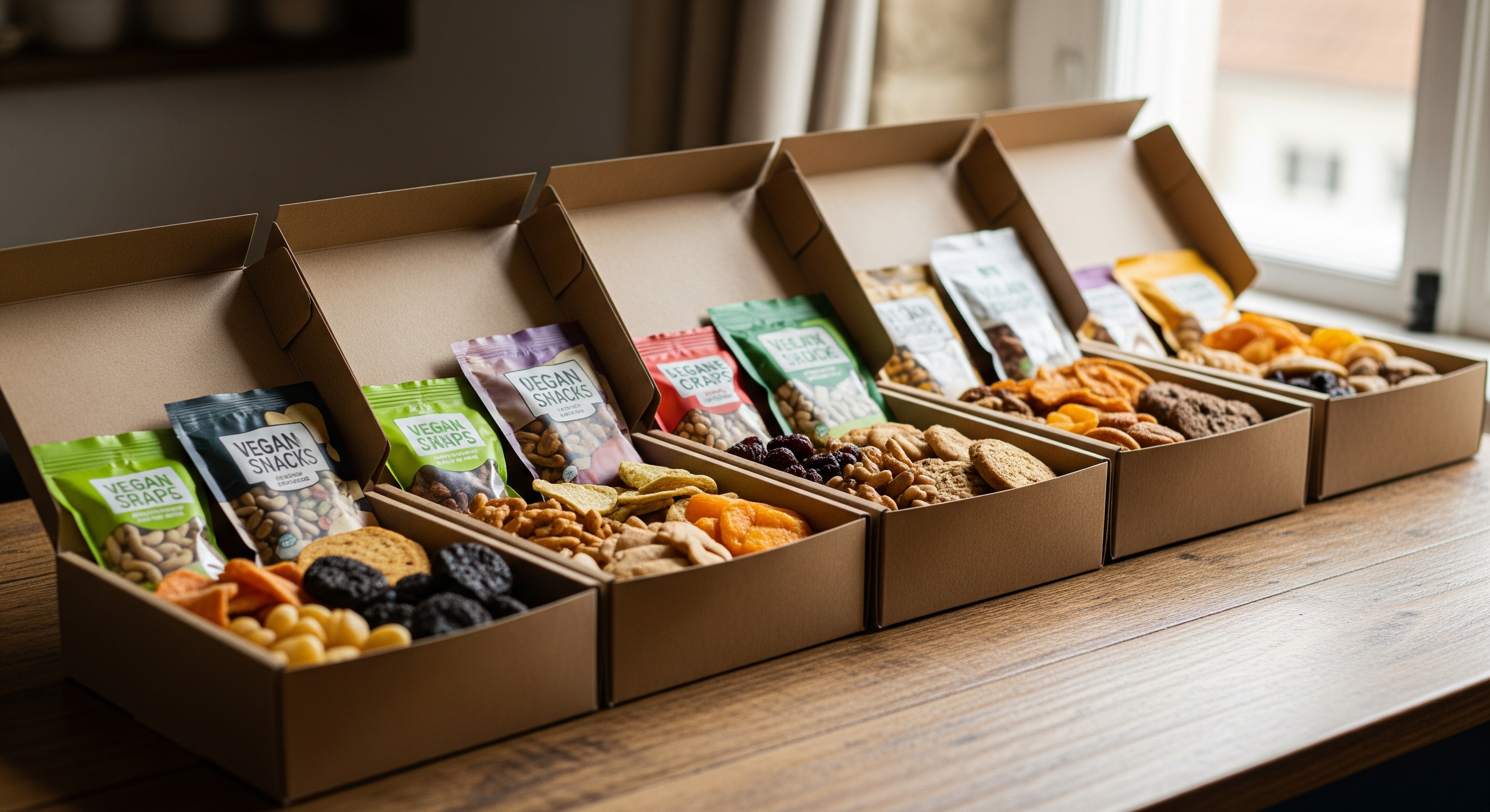 Verschiedene vegane Snackboxen nebeneinander auf einem Holztisch mit geöffneten Verpackungen