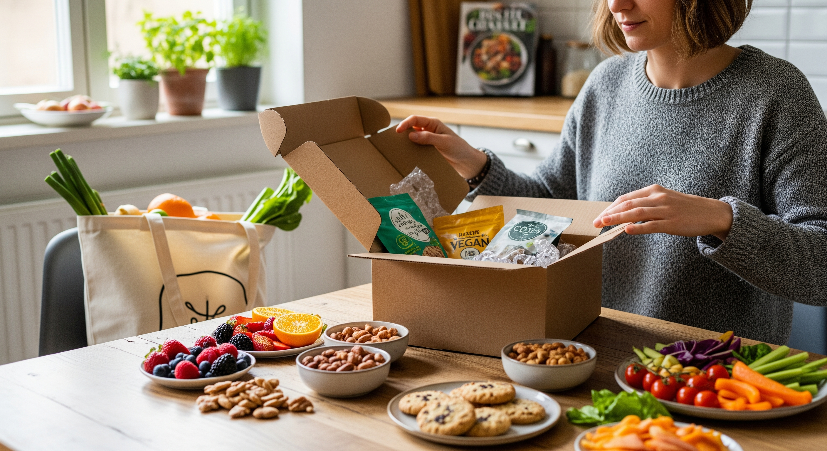 Person öffnet zuhause eine vegane Snackbox mit verschiedenen Bio-Snacks auf dem Küchentisch