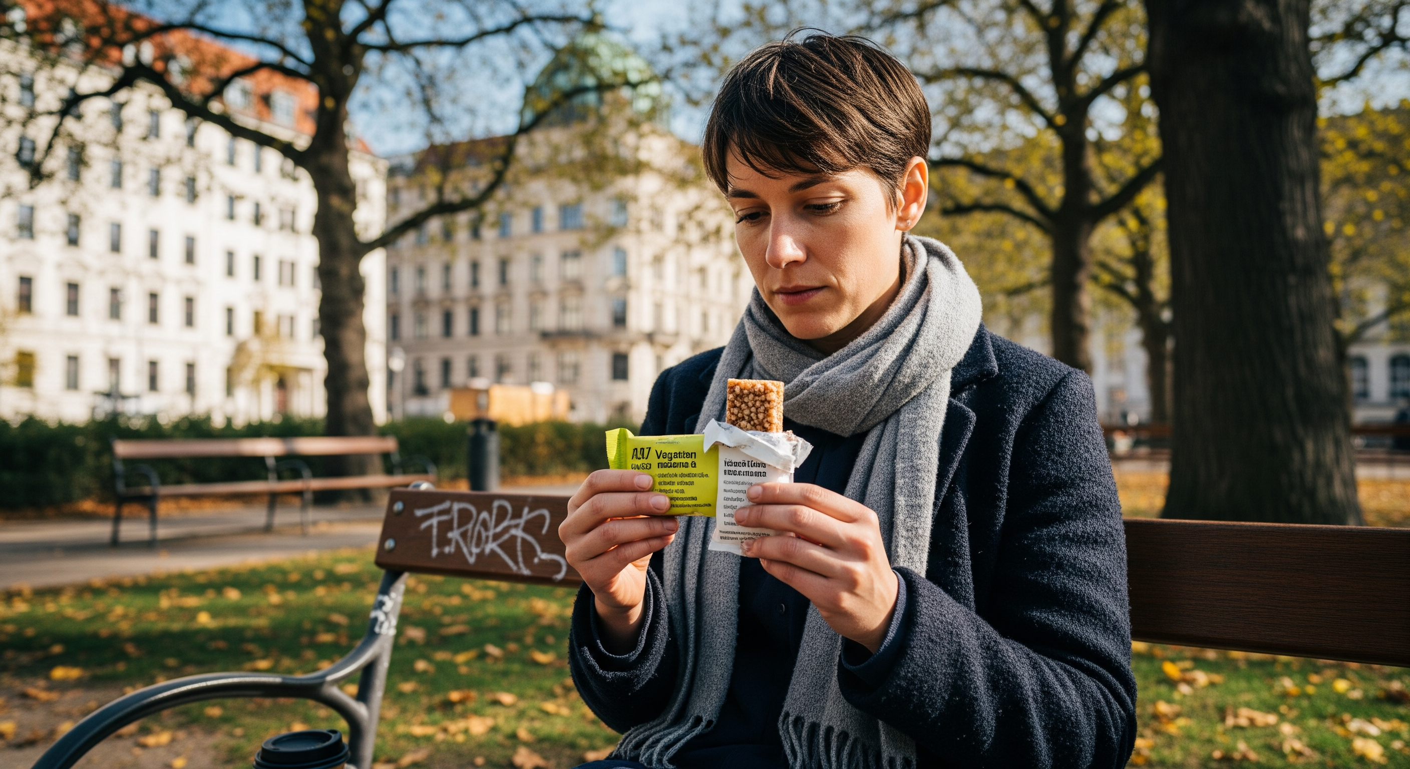 Person sitzt im Berliner Park und liest Zutatenliste auf veganem Snackriegel