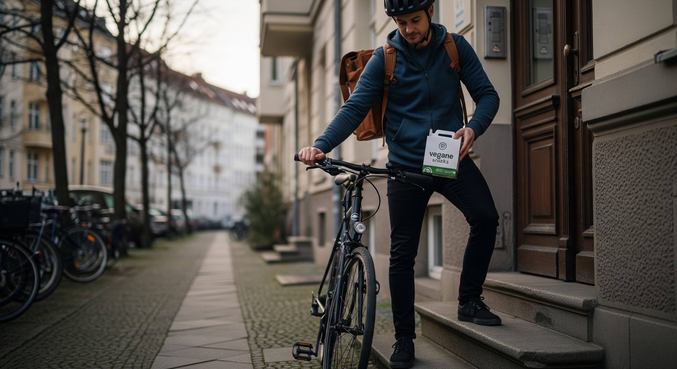 Fahrradkurier liefert vegane Snackbox in Berlin an Haustür
